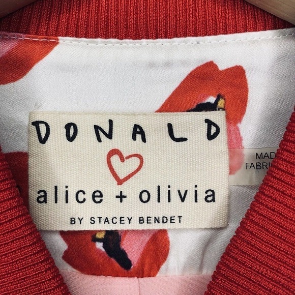 Alice + Olivia x Donald Robertson Lonnie Lips Silk Bomber Jacket Womens XS $495 - Picture 3 of 10